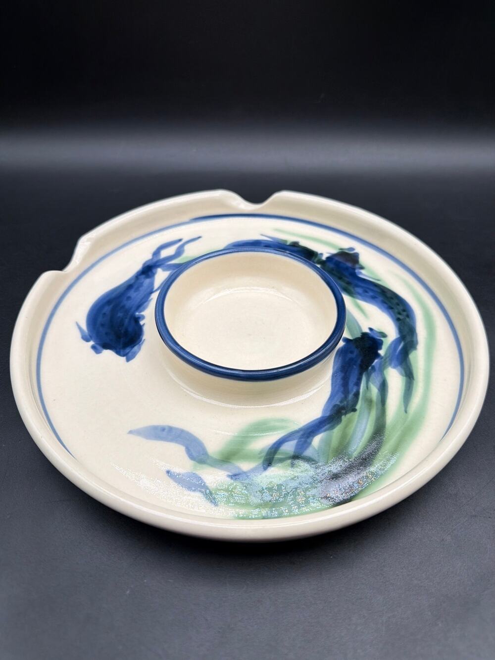 Signed Studio Pottery Fish Bowl Platter Hand Painted Blue Green Artisan Ceramic